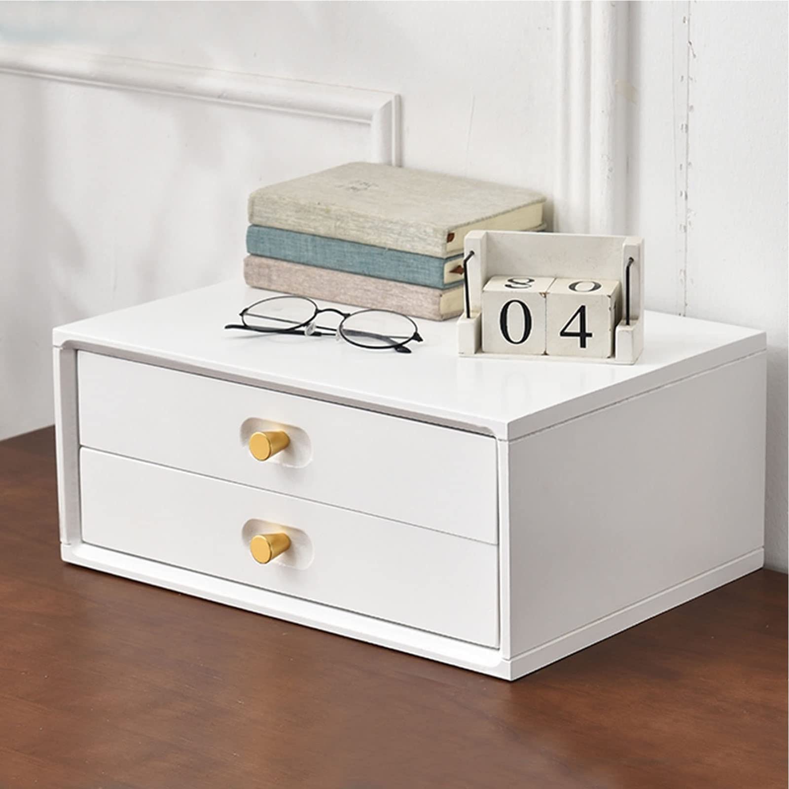 Scatola portaoggetti da scrivania in Legno con cassetti, Organizer per schedari A4 per Materiale Scolastico e per Ufficio, Bianco, 2 Strati