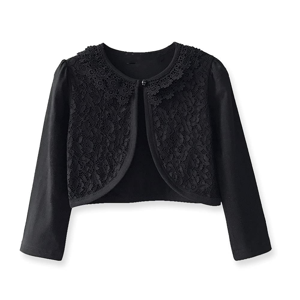 Little Girls' Long Short Sleeve Lace Bolero Cardigan Shrug Dress Cover up 2-9 Years Black, 5-6 Years