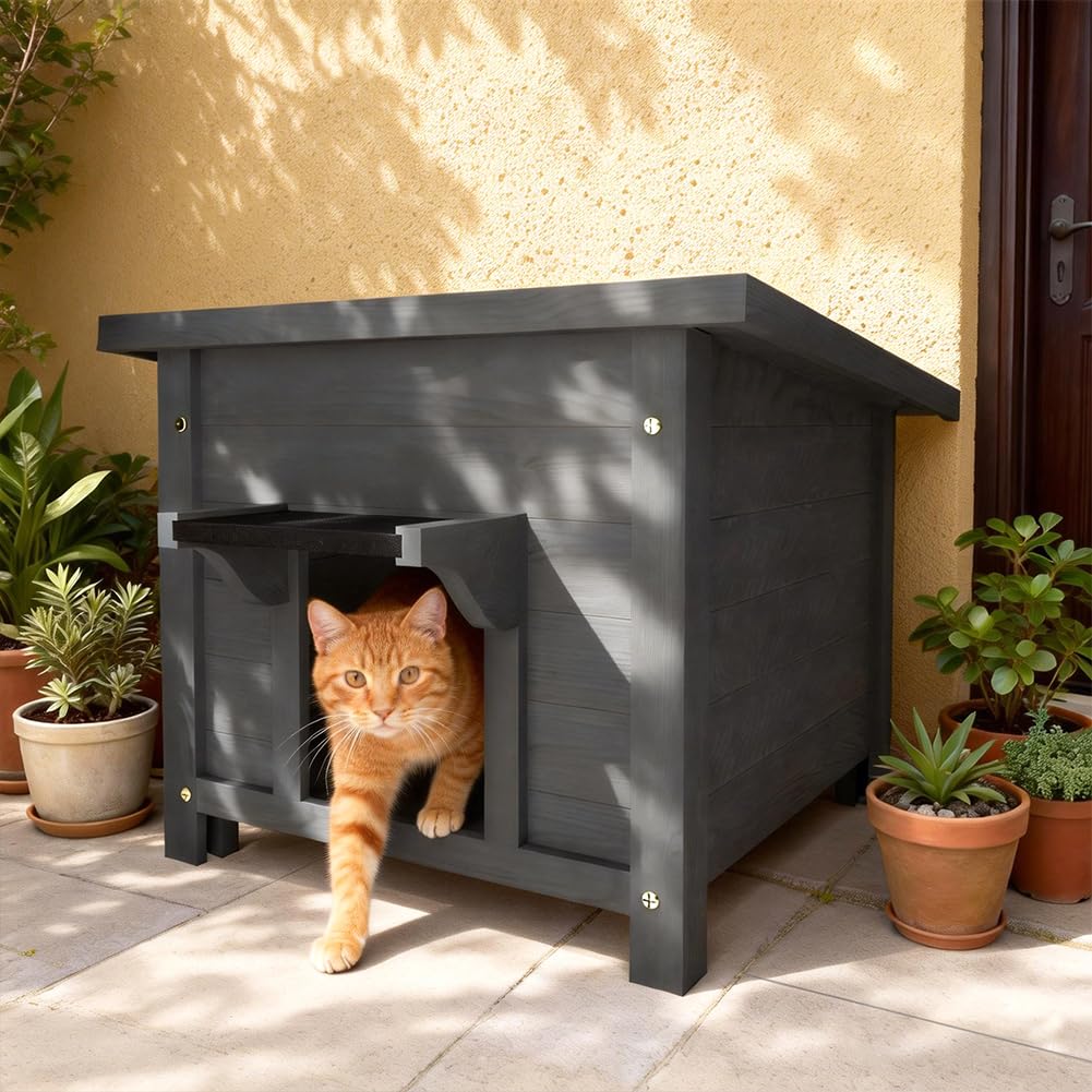 BAKAJI Cuccia per Animali Domestici Grigia in Legno, Casetta per Cani e Gatti con Tetto Apribile, Casa, Esterno Interno Resistente Intemperie e Agli Agenti Atmosferici, Tettoia Asfaltata, 60x58x47cm
