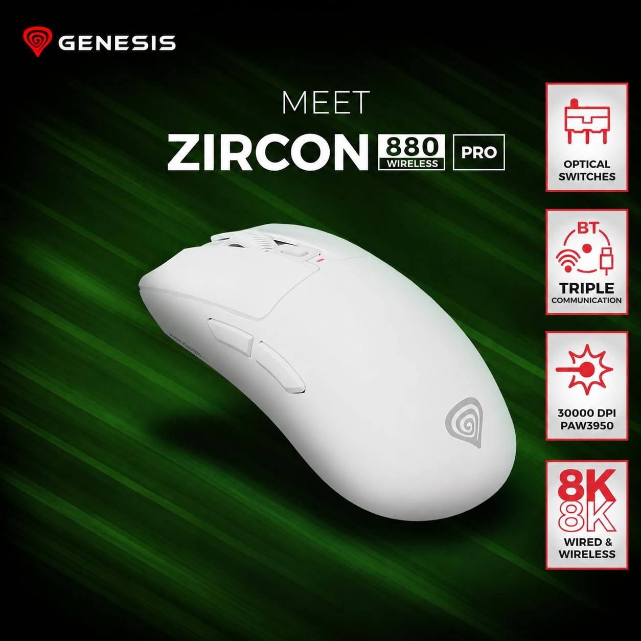 Genesis Zircon 880 PRO 8K mysz gamingowa bezprzewodowa, biała, 30000 DPI, PixArt PAW3950, 8000 Hz, Bluetooth/2,4 GHz/USB-C, 64 g, szklane łyżwy, Kailh Optical, 6 przycisków, do komputera, laptopa