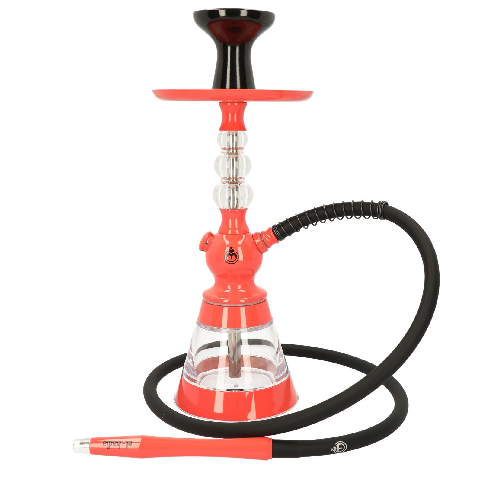 El-Badia - Chicha CELESTE – Jarrón acrílico – Manguera de silicona, fooyer Phunnel – Diseño iónico – Altura 45 cm – Coral naranja