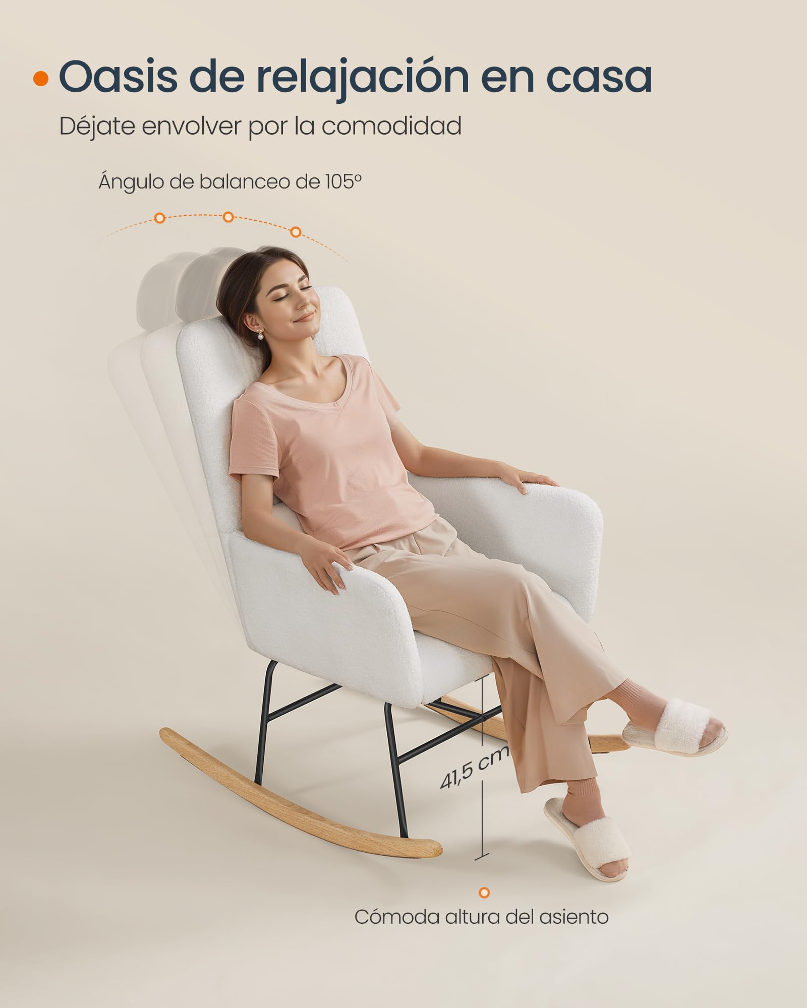 SONGMICS HOME Silla Mecedora, con Reposabrazos, Reclinable, Cubierta de Vellón, Marco de Acero, Patas de Madera de Caucho, Carga de 160 kg, para Dormitorio, Salón, Blanco Crema LYY500W01