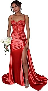 Satin Corset Prom Dresses for Women 2025 Spaghetti Strap Mermaid Long Ruched Evening Party Gown with Slit - Buy now