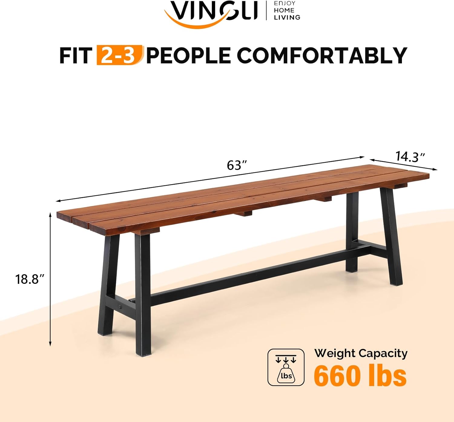 VINGLI Outdoor Wooden Bench, 45” 2-Person Backless Dining Bench, Weatherproof Outdoor Patio Bench for Porch Entryway Garden (1, Brown ＆ Black)