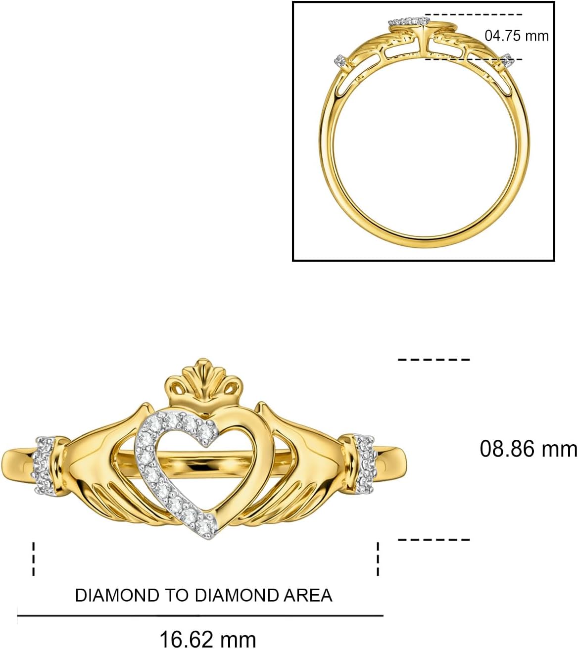 Cali Trove 1/20 CT Natural Diamond Claddagh Irish Ring for Women | Gold Vermeil 925 Sterling Silver Diamond Accent Wedding & Anniversary Ring | Jewelry Gift for Her in White Yellow or Pink Gold