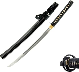 HMS Japanese Samurai Wakizashi Sword, Tomoe Crest Tsuba, Hand Forged, 1045 Carbon Steel, Black Scabbard, Sharp, Battle Ready
