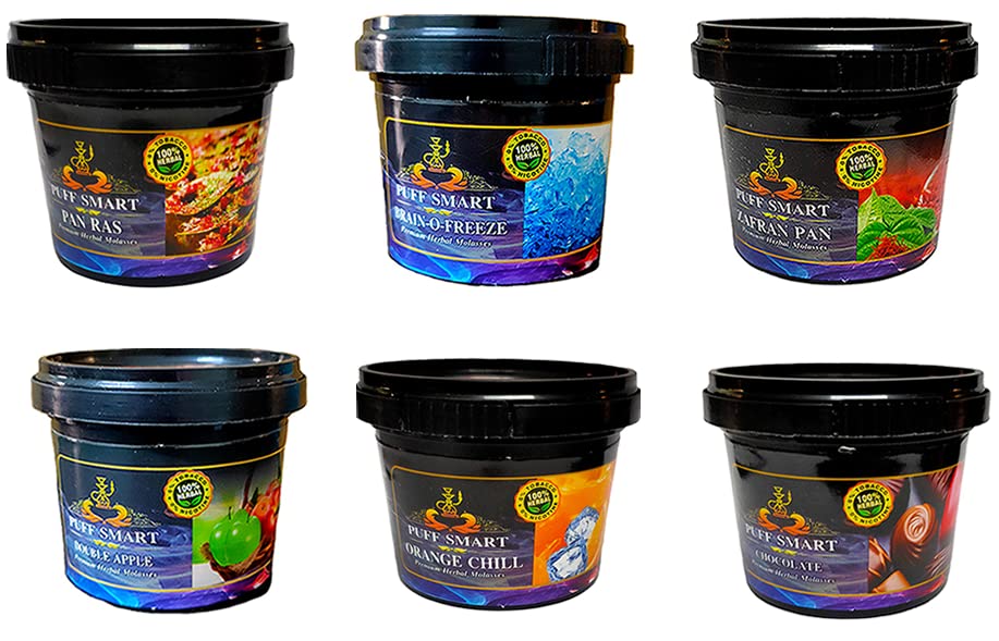 PUFF SMART Premium Herbal Molasses Pan Ras, Brain-O-Freeze, Double Apple, Zafran Pan, Orange Chill, Chocolate 100G (Pack of 6) (100% Tobacco and Nicotine Free)