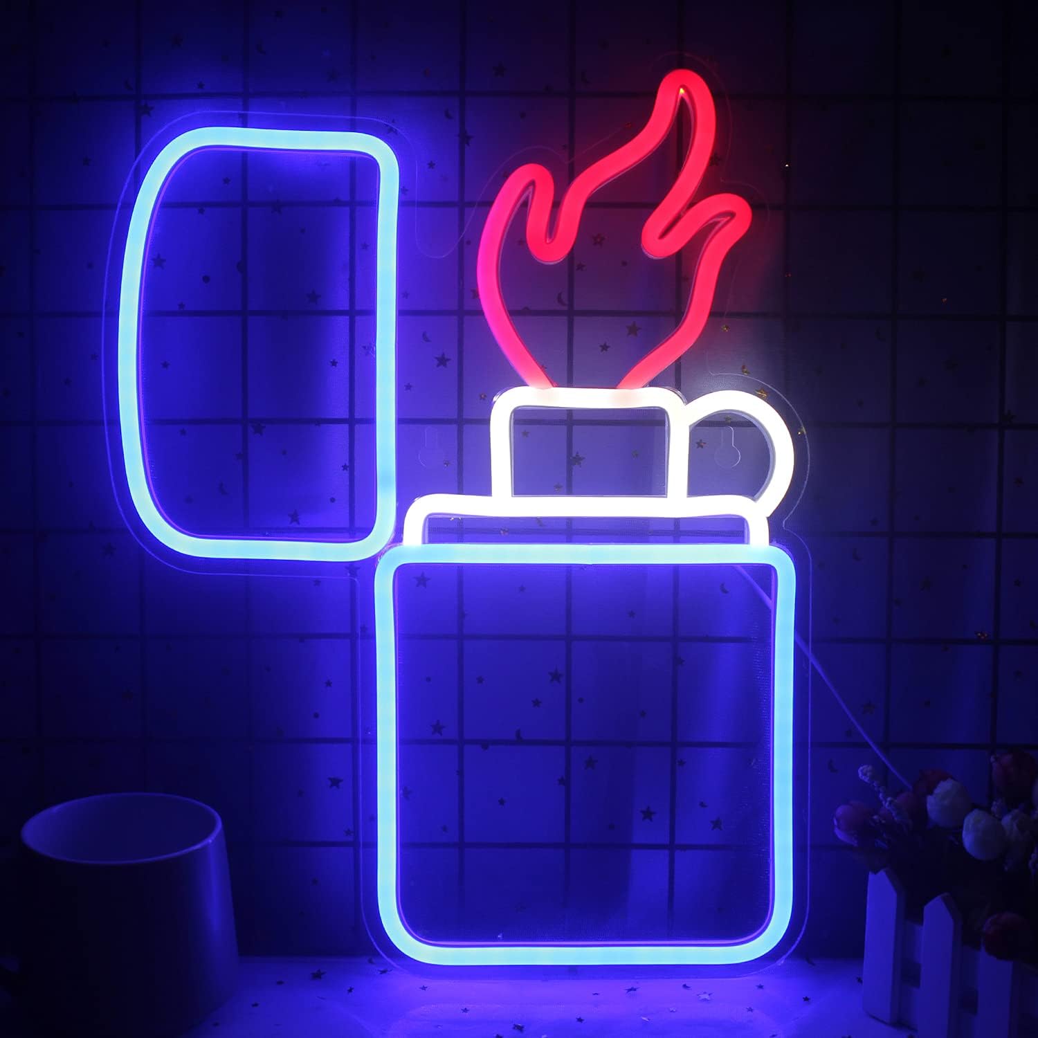 Lighter Shaped Neon Sign Blue Red Neon Light Cigarette Lighter Led Sign Neon Sign Man Cave Neon Sign for Wall Decor Light up Sign USB Powered Switch for Internet Cafe Gaming Room Man Cave Decoration