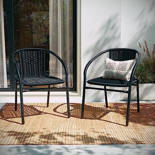 Image of EMMA + OLIVER Set of 4 Modern PE Rattan Stack Chairs, Indoor /Outdoor Patio Dining Chairs, No Assembly Required, Black