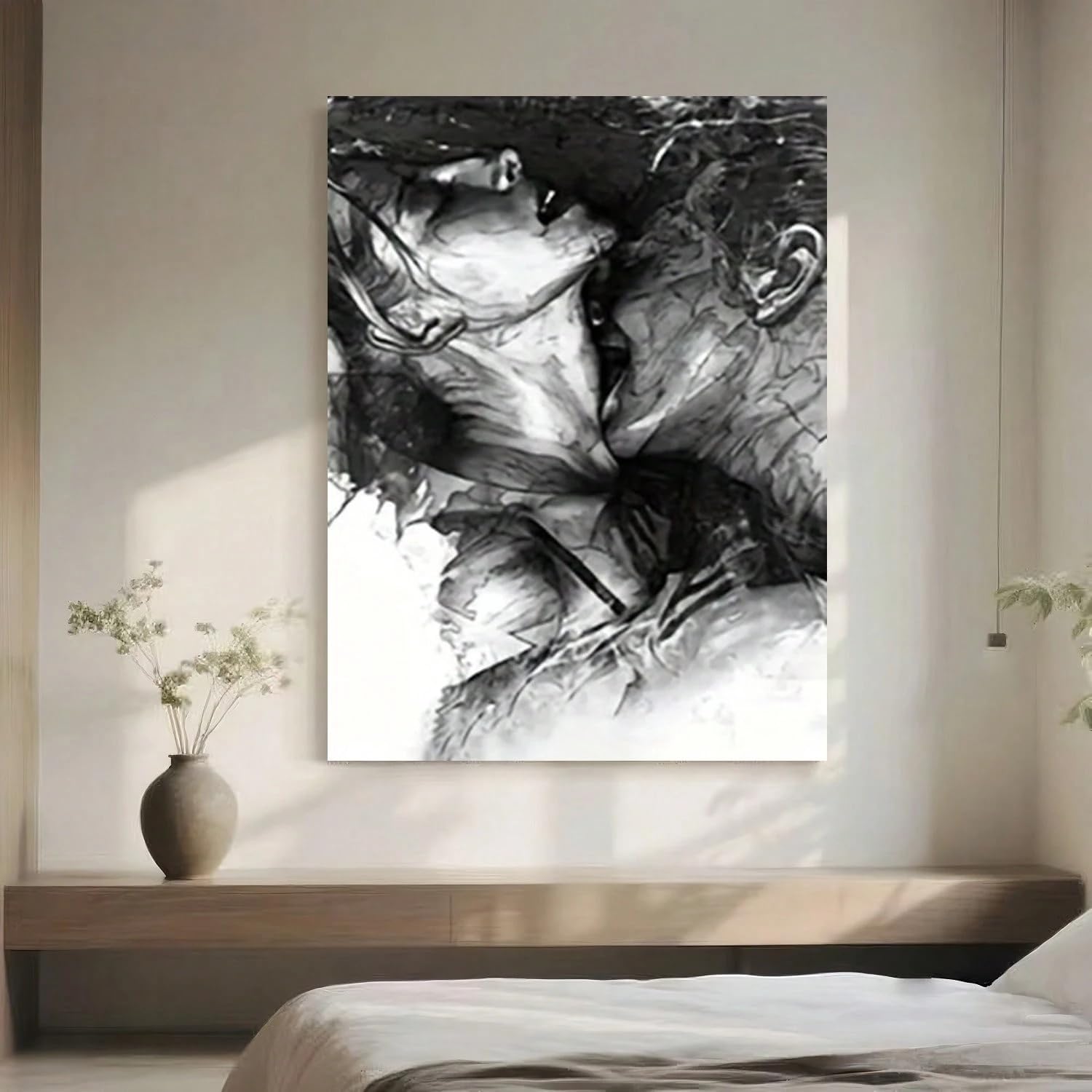 CWZBFEH Abstract Couple Kiss Painting, Black And White Passionate Lovers Wall Art, for Living Room(40x50cm/No frame)