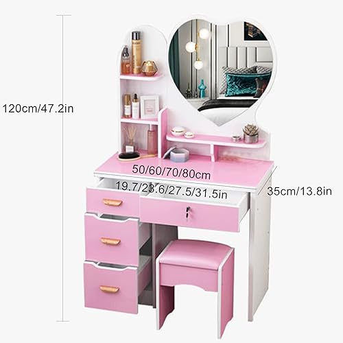 Miniatura 7 de QQXX Juego de tocador grande con espejo, tocador de maquillaje con estantes de almacenamiento y 4 cajones, taburete acolchado para dormitorio de