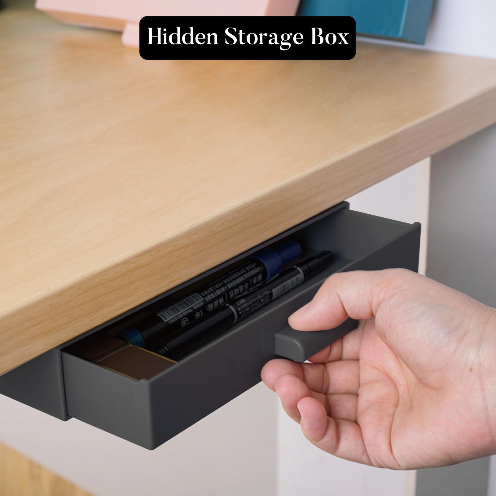 Caja Organizadora para Debajo del Escritorio,Organizador de Cajones de Plástico,Cajón Autoadhesivo Oculto de Gran Capacidad con Estructura Firme para Oficina Hogar Escuela, (Negro)