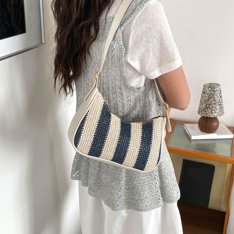 Borsa a tracolla da spiaggia da donna, grande capacità, in paglia | EcoGleam Borsa a tracolla in paglia leggera con grande capacità, motivo a righe, 24 x 16 x 7 cm