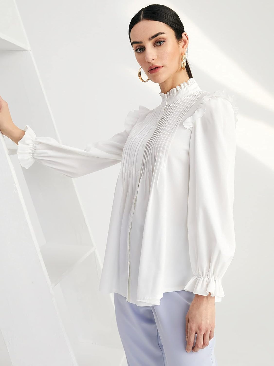 WDIRARA Women's Pleated Ruffle Trim Flounce Long Sleeve Mock Neck Blouse Top - Image 2