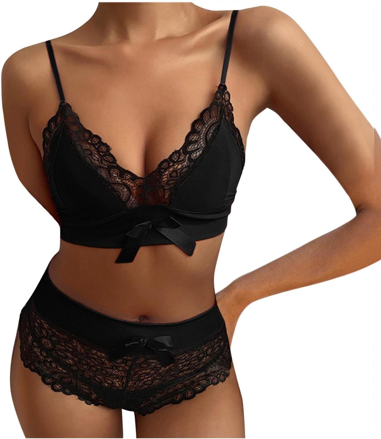 Women's Sexy Lace Lingerie Set 2 Pieces Bowknot Sling Bra and Panty Set, Naughty Underwear Set High Waist Nightwear Bralette Knicker Set for Valentine Honeymoon