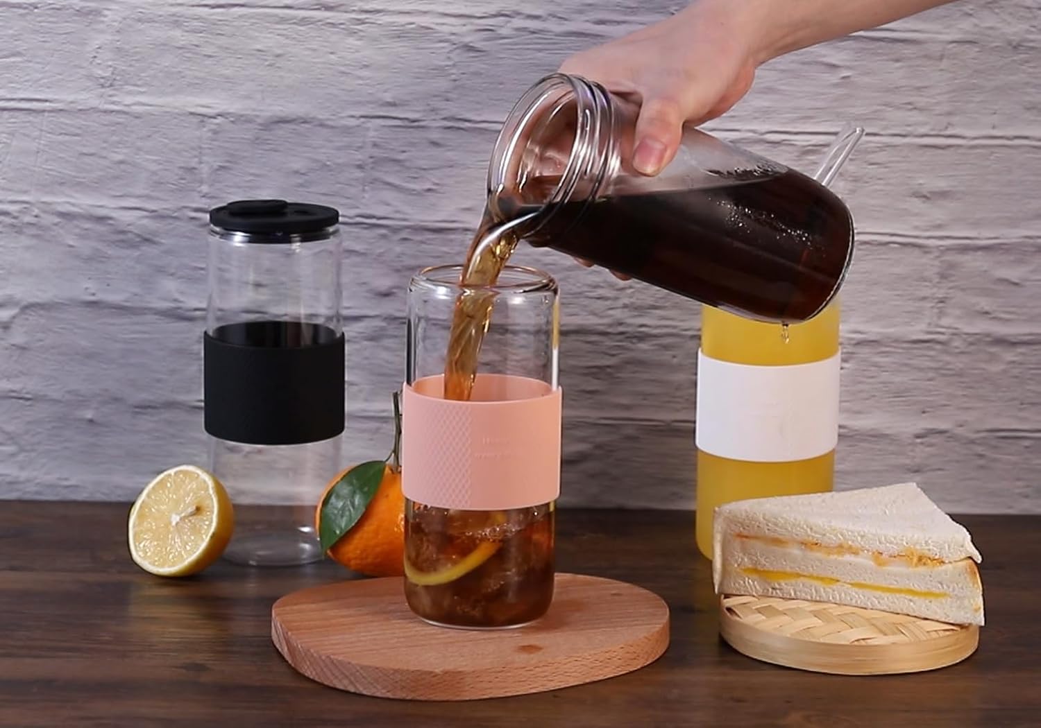 24oz Can Shaped Glass Cups with Silicone Lids and Glass Straw, 2PCS Drinking Glasses with Lids and Straws, and Silicone Sleeves, Beer Glasses, Iced Coffee Cups, Soda, Gift - Pink - Image 4