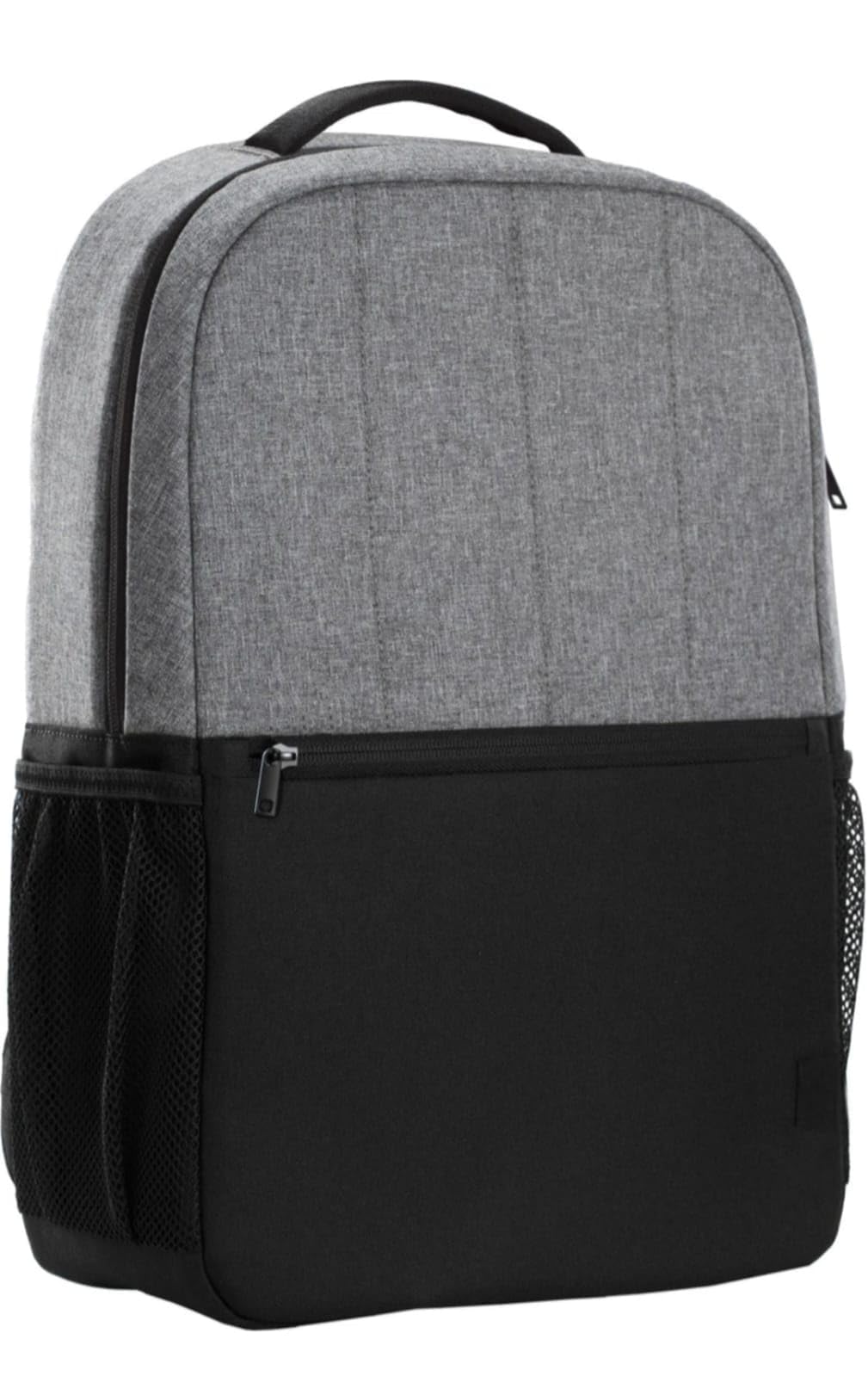 laptop backpack, grey and black, two-tone with mesh side pockets