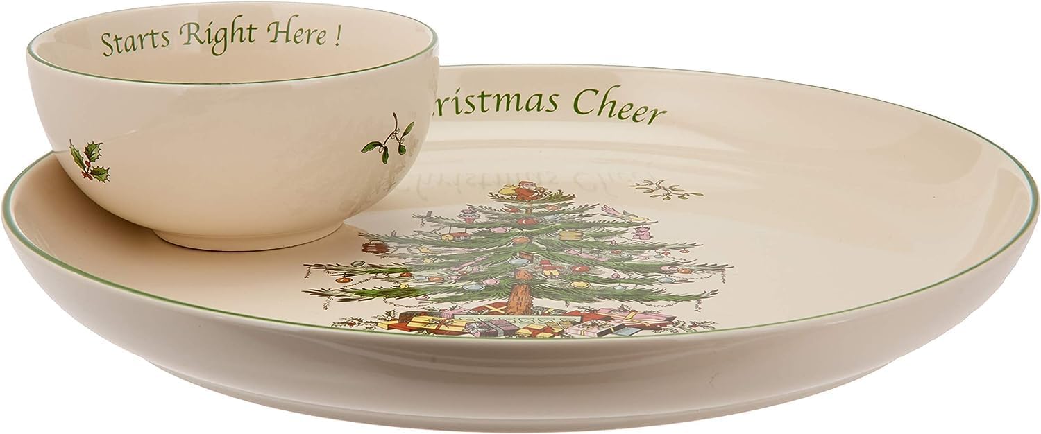 Spode Christmas Tree Chip & Dip Set, 12.5” Serving Platter with Bowl, Holiday Serveware for Appetizers, Fruit, Candy Side Dishes, Festive Treats, Dishwasher Safe, Christmas Tableware