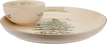 Spode Christmas Tree Chip & Dip Set, 12.5 Serving Platter with Bowl, Holiday Serveware for Appetizers, Fruit, Candy Side Dishes, Festive Treats, Dishwasher Safe, Christmas Tableware