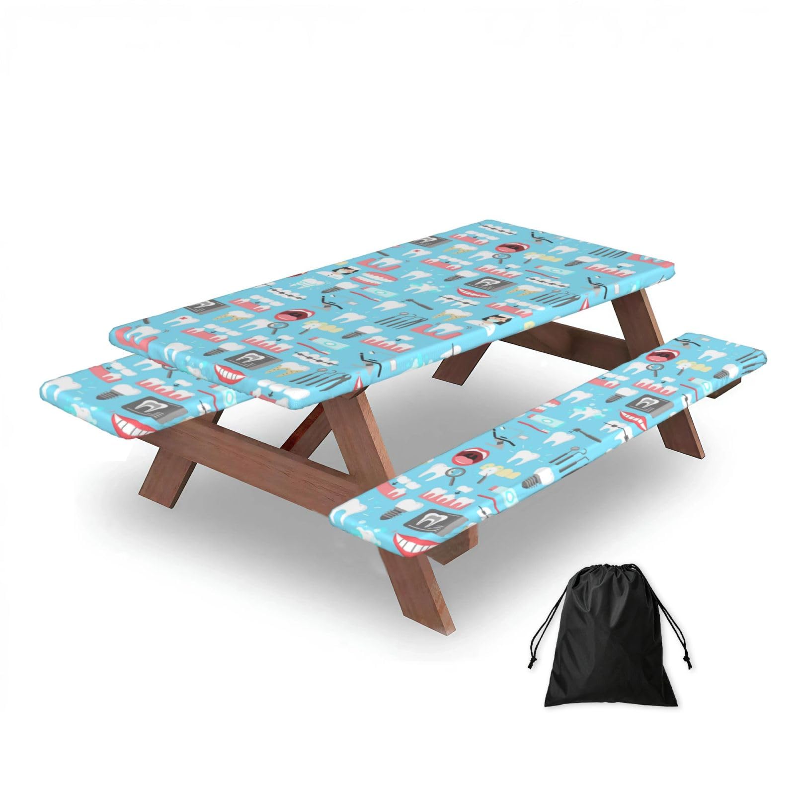 Dopklna As Picture Dental Seamless, Picnic Table Cover With Bench Covers -Waterproof Elastic Fitted Tablecloth For Garden Camping Patio 76X152cm