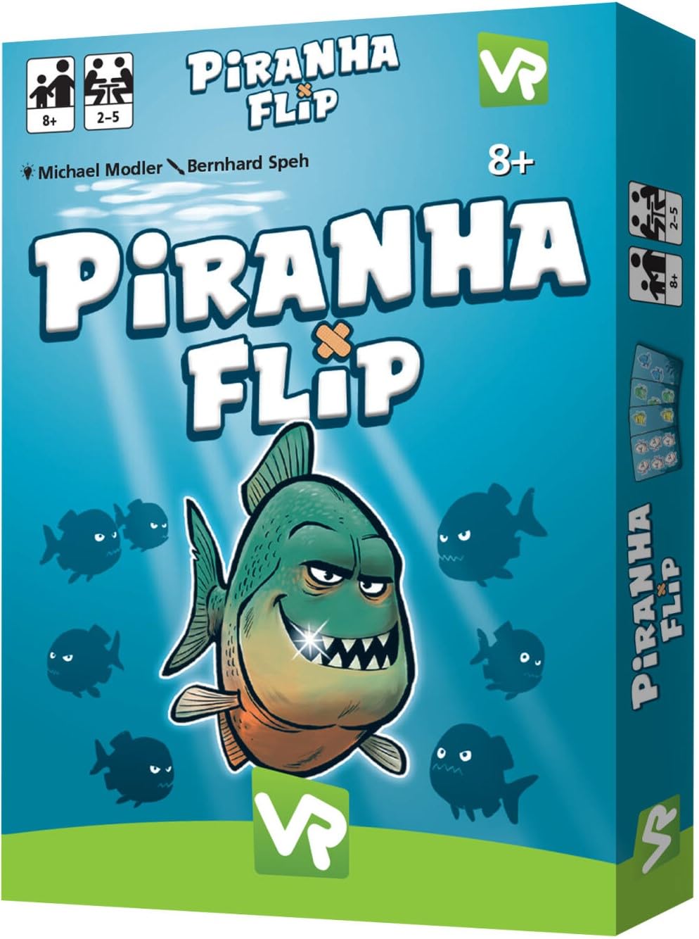 Piranha Flip Card Game, for 2-5 Players, Ages 8+, 40 Double-Sided Cards, Outsmart the Piranhas, Red, Blue, Green