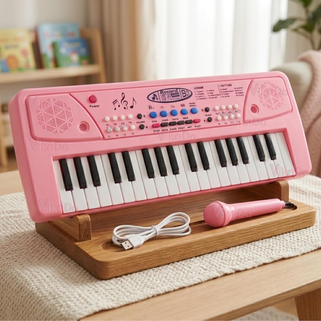 VikriDA Kids Keyboard Piano, 37 Keys Piano Keyboard with Power Option (37 Keys and 8 Tones, 8 Rhythms 4 Percussion) Pink-image-30