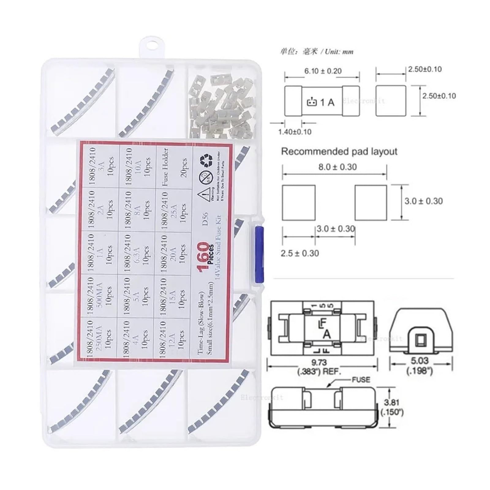 Fusibile di rete domestico in ceramica, 160 pezzi 15 valori 250 V 1808/2410/6125 Kit assortimento di fusibili lenti in ceramica SMD 250 mA 500 mA 1 A 2 A 4 A 5 A 6,3 A 8 A 10 A 12 A 15 A 20 A 25 A