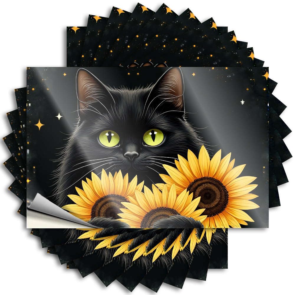 Tattoos Lover Men Decor Cover A Black Cat with Glowing Eyes Surrounded By Sunflowers. - No Residue Decals for Taupe(8X12CM)