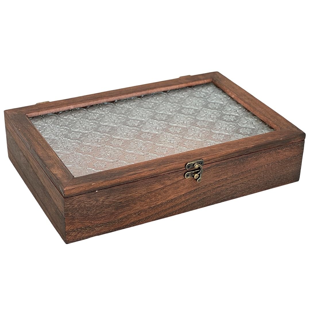Caja de almacenamiento de madera vintage con tapa de cristal, caja de recuerdo, pequeña caja de almacenamiento decorativa para joyas, abalorios, regalos y decoración del hogar (grande)