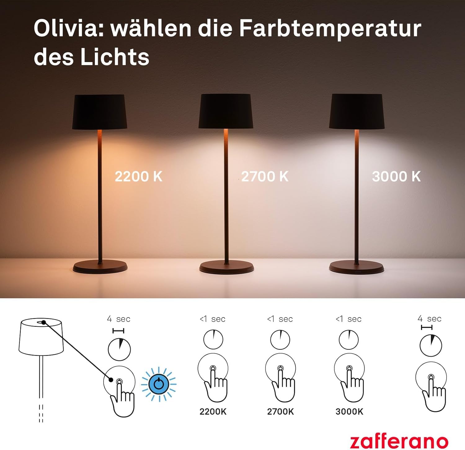 Zafferano, Olivia Pro Lampe, Tragbare und Wiederaufladbare Tischlampe mit Touch Control, Geeignet für Wohnzimmer und Außenbereich, Dimmer, 2200-3000 K, Höhe 35 cm, Farbe Dunkelgrau