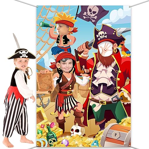 DPKOW Kids Pirate Photo Prop, Fun Fabric Face in Hole Backdrop Door Banner for Kids Birthday Party Decorations, Giant Pirate Face Photo Banner, 3.3x6ft