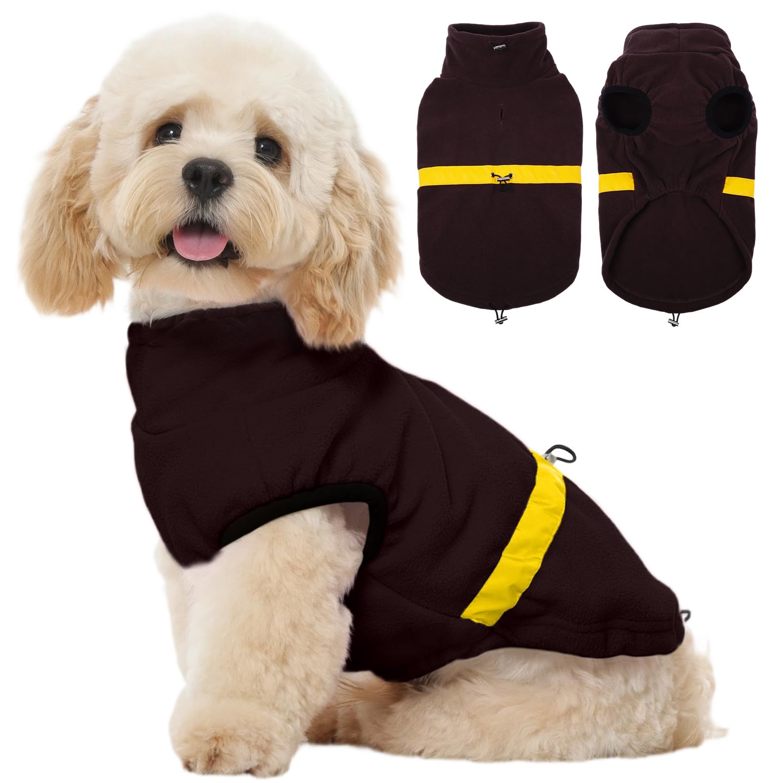 Kuoser Dog Fleece Jumper Brown M, Adjustable Warm Dog Vest with Drawstring, Soft Cozy Jacket with Harness Hole for Medium Dogs Winter Cold Weather Coat