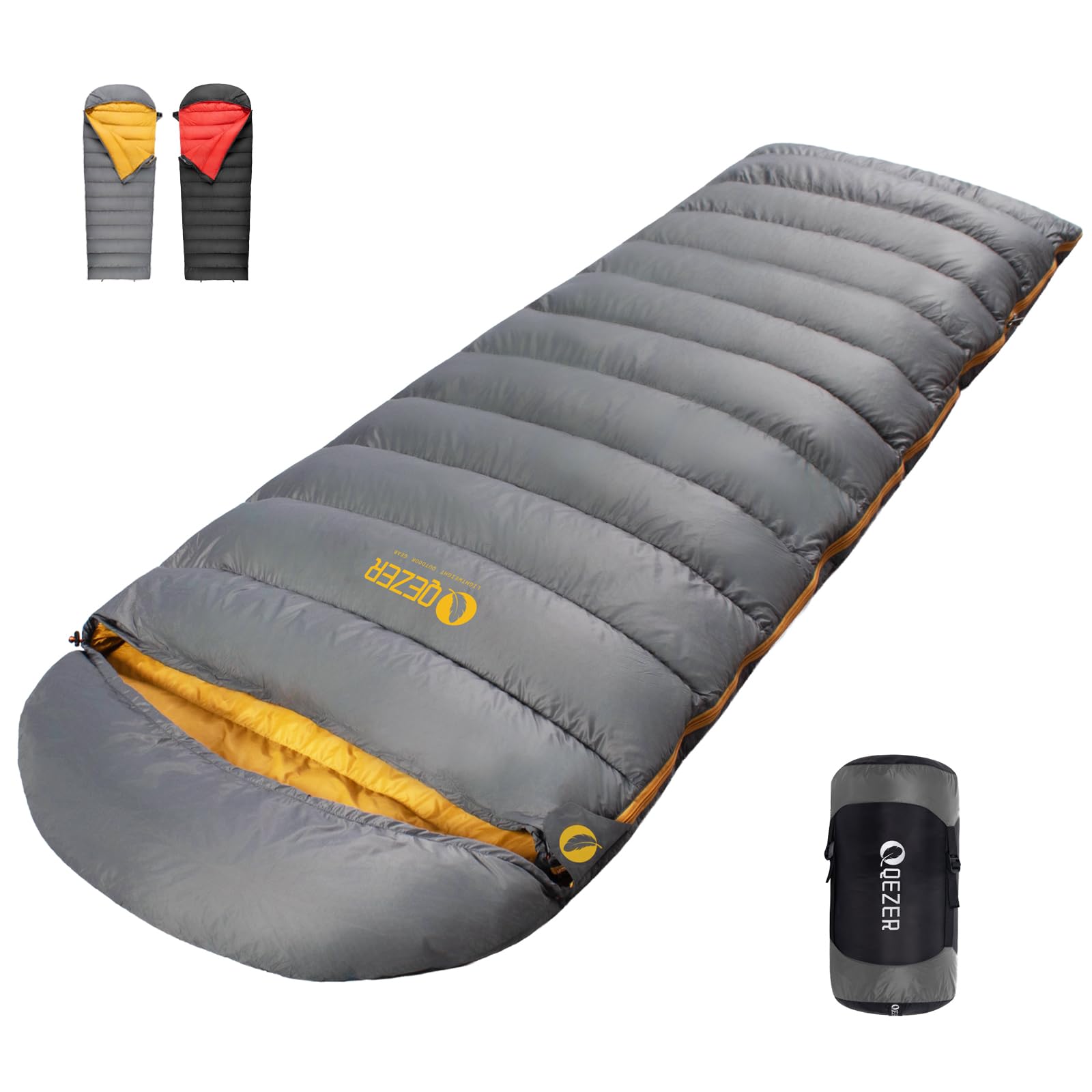 QEZER Down Sleeping Bag for Adults (620FP-RDS)-Graphene antistatic material,0 degree ultralight sleeping bag with packing bag, suitable for hiking, camping, and trekking (grey, 500g)