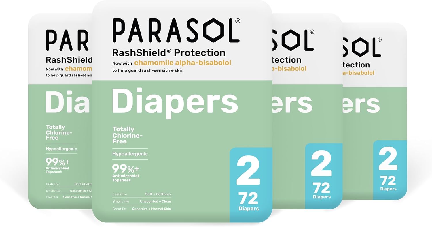 Parasol Clear+Dry Disposable Diapers, RashShield Protection and Leak-Control Fit, Hypoallergenic Diapers, Size 2 (10-18 lbs), 288 Count