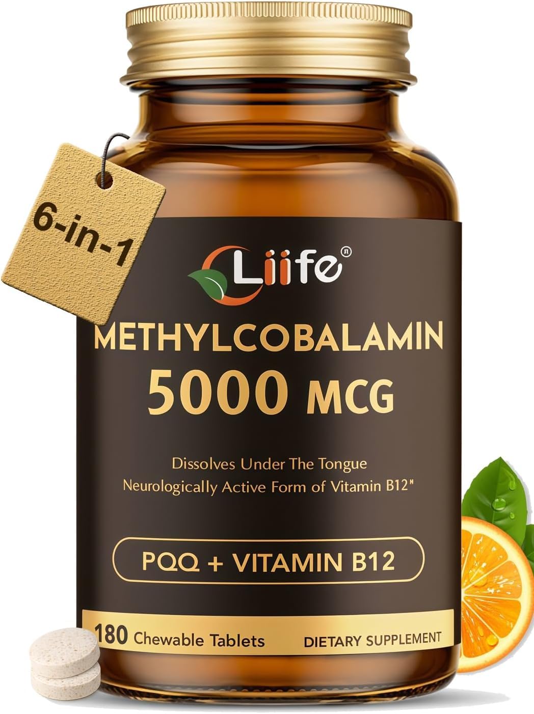 LIIFE Vitamina B12 (metilcobalamina) + PQQ 5000 mcg, 180 comprimidos mastigáveis