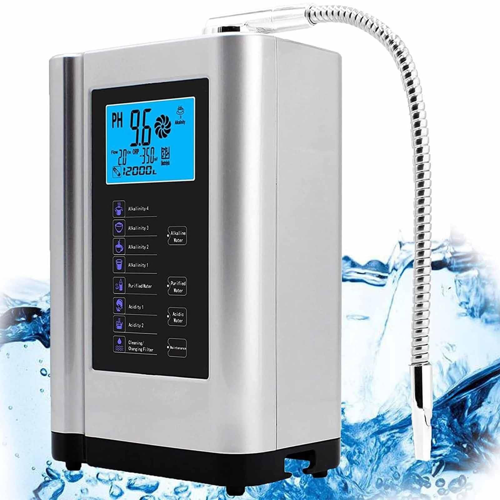 Macchina Ionizzatore Acqua Alcalina, Sistema di Filtraggio dell'Acqua Domestica PH 3,5-10,5, Filtro per Acqua Potabile Acida Alcalina Domestica LCD da 3,8 Pollici,Silver
