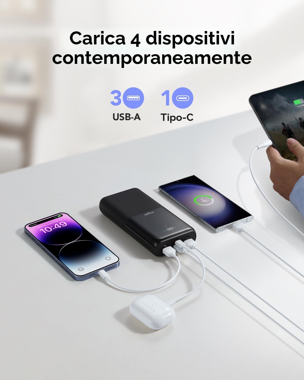 VIYISI Power Bank 30000mAh, caricatore portatile a ricarica rapida 20W PD, batteria esterna USB C con display LED, 4 uscite e 3 ingressi compatibili con iPhone/Samsung/Xiaomi/Huawei/iPad/Tablet, ecc