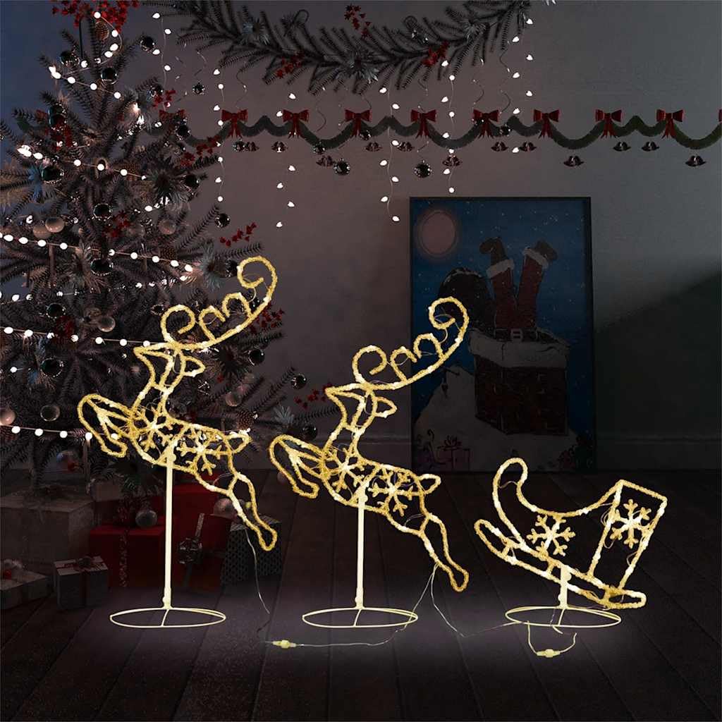 Acryl Weihnachts Deko Rentier mit Schlitten, 72 LED Warmweiß, 8 Leuchtmodi, Dekorative Weihnachtsbeleuchtung für Innen und Außen, 102.4 Zoll Set