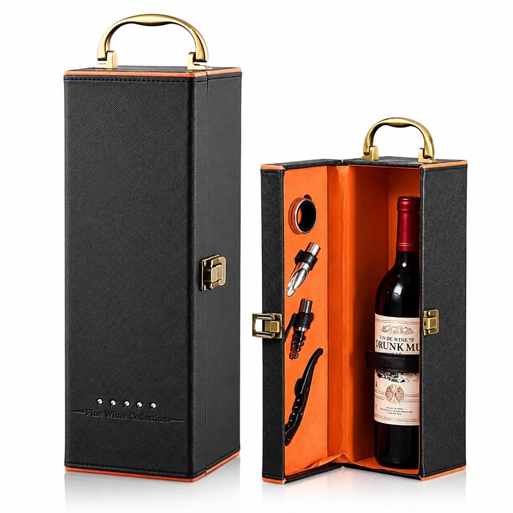 ZiaWorld Wine Bottle Gift Box, Luxury Presentation Box for Wine, Champagne Whisky with Tools Cork Screw, Pourer, Foil Cutter, Drip Ring, Wine Empty Packaging Box for Gift (1 Bottle Box)