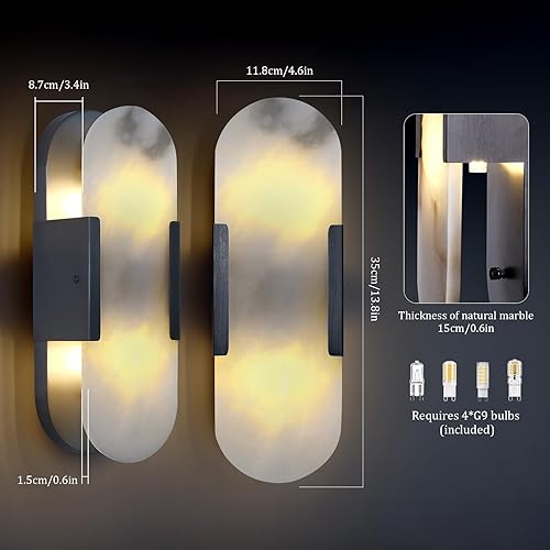 Miniatura 3 de Sucelating Apliques de pared de alabastro negro de 13.8 pulgadas, apliques de pared de mármol natural, juego de dos apliques de alabastro para