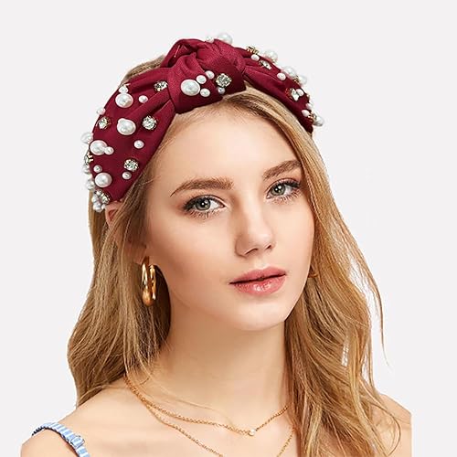 Miniatura 4 de Diadema de cristal anudada para mujer, diadema roja de lujo, banda ancha de diamantes de imitación con cuentas de cristal, diadema de nudo superior,