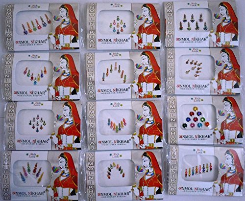 Good Quality 12 Pack Bollywood Head Bindi Tattoo Nail Bling Art Rhinestone Stick On Reusable