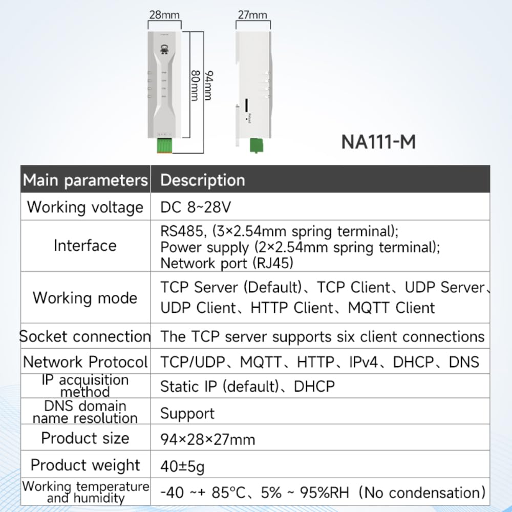 Modbus Gateway RS485 to Ethernet NA111-M IP RTU MQTT HTTP DC 8-28V Industrial Rail