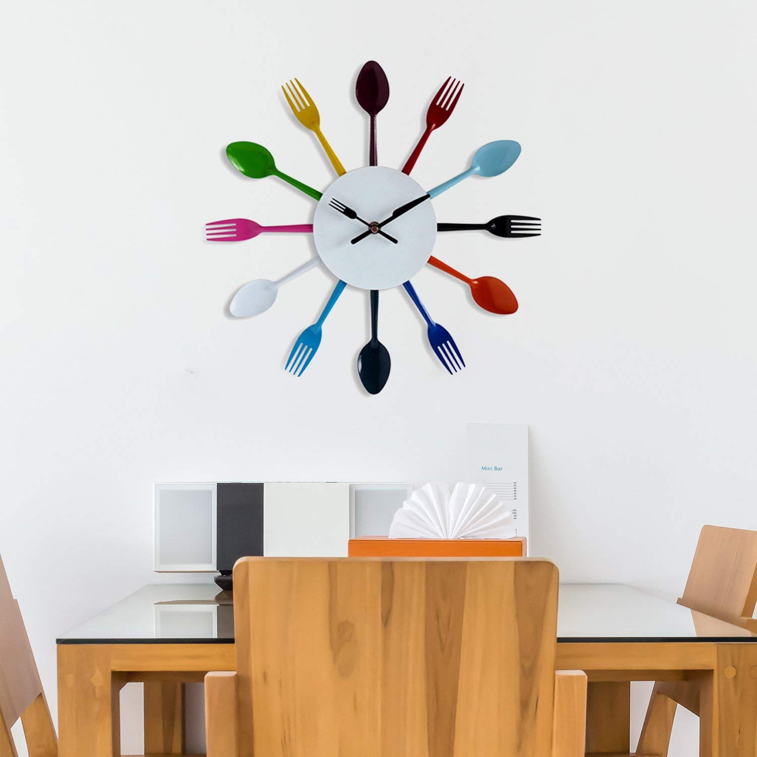 Spoon and Fork Colourful Kitchen Wall Clock Art Decals Home Decoration Living Bedroom Office Décor DIY