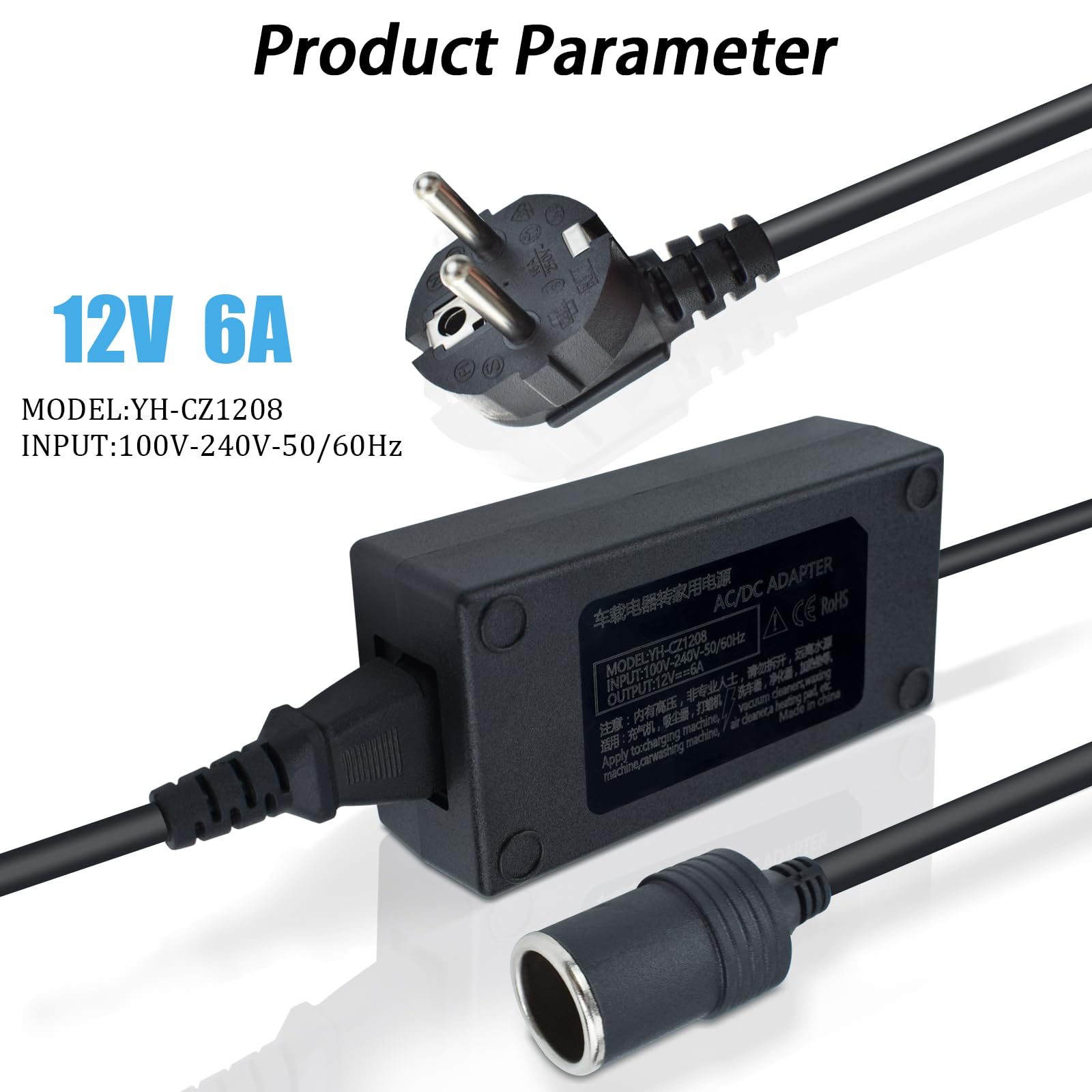 12V 6A Alimentatore, Adattatore Auto a CA 72W, Convertitore di Alimentazione DC 12V per Frigorifero Auto, Compressore d'Aria, Aspirapolvere Auto, Adattatore per Uso Domestico con Spina DC