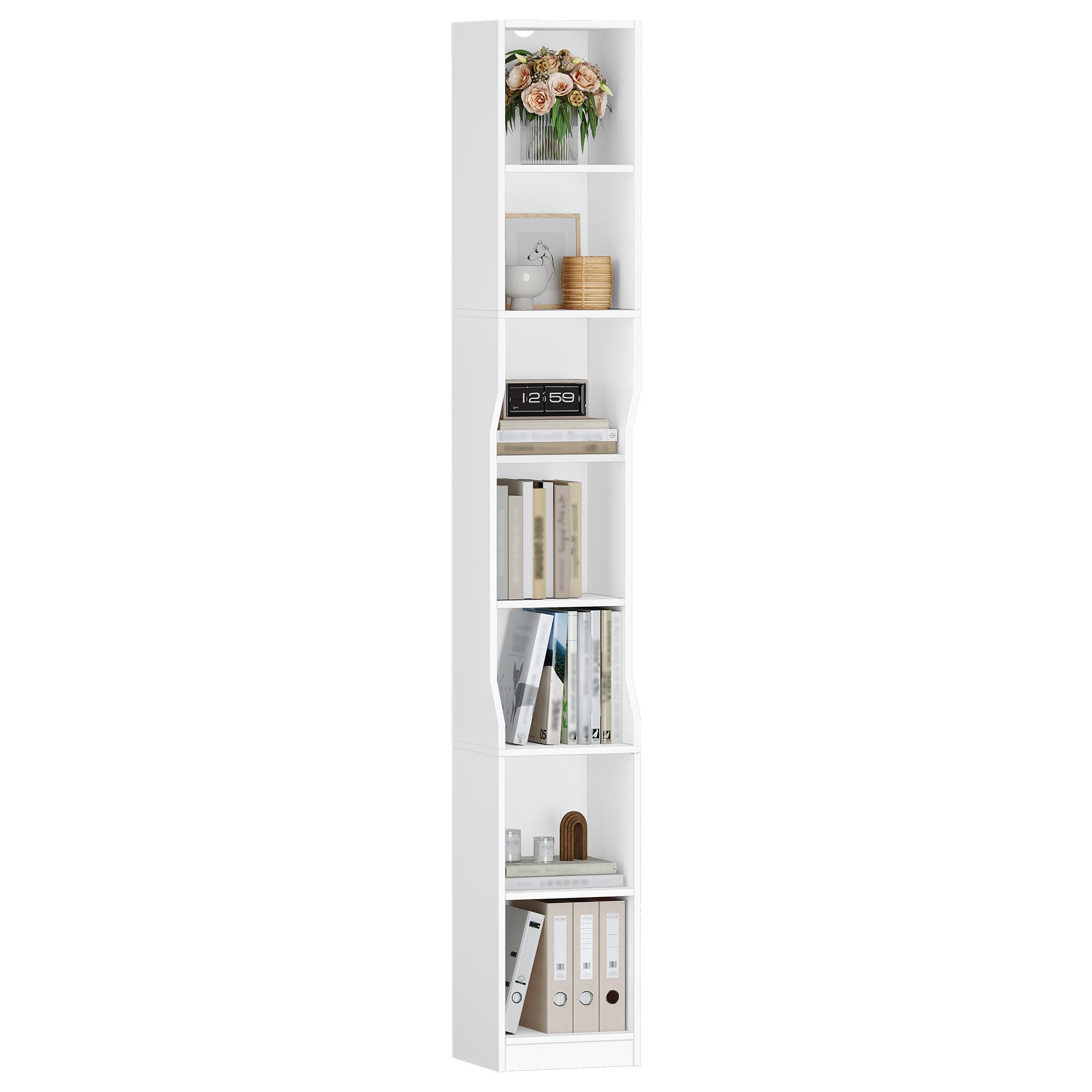 HEXCELEN Librería Vertical de 7 Niveles, 28 x 30 x 208,1 cm, Blanco | Estantería Estrecha, Estantería Cubo, Estanterías de Almacenamiento, para Estudio, Salón, Dormitorio, Moderno