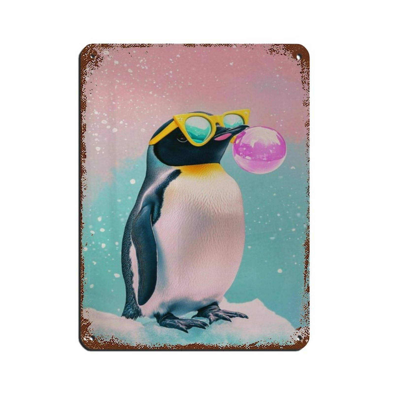 Funky Penguin with Sunglasses Bubblegum Art Tin Sign Vintage Metal Pub Club Cafe Bar Home Wall Art Decoration Poster Retro 12x16inch(30x40cm)