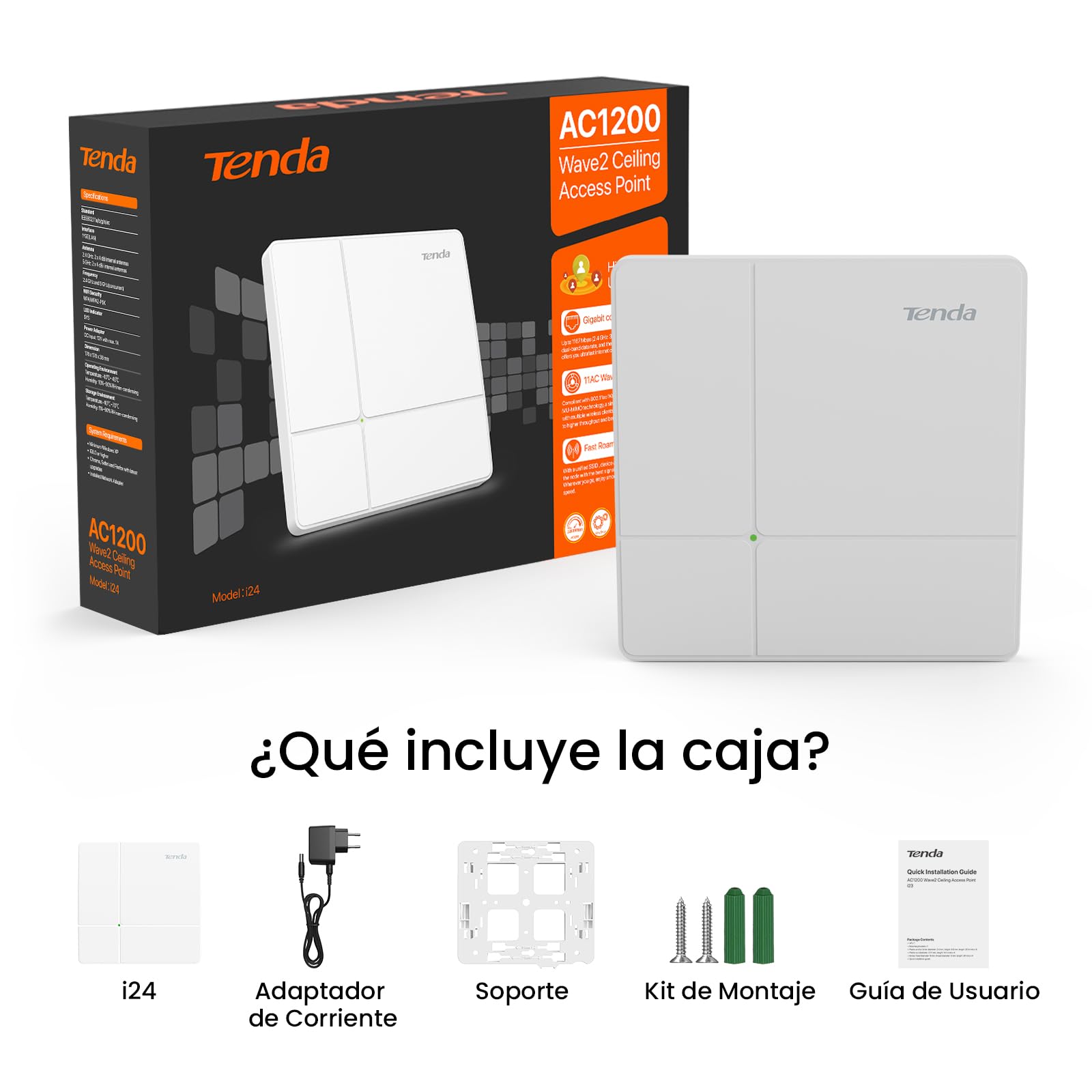 Tenda I24 AC1200 Punto de Acceso Inalámbrico (Doble Banda, 1 Puerto Gigabit, Gestionable a través de APP/Interfaz Web, MU-MIMO, Alimentado mediante PoE+ 802.3at, Incluye Adaptador de Corriente) Blanco