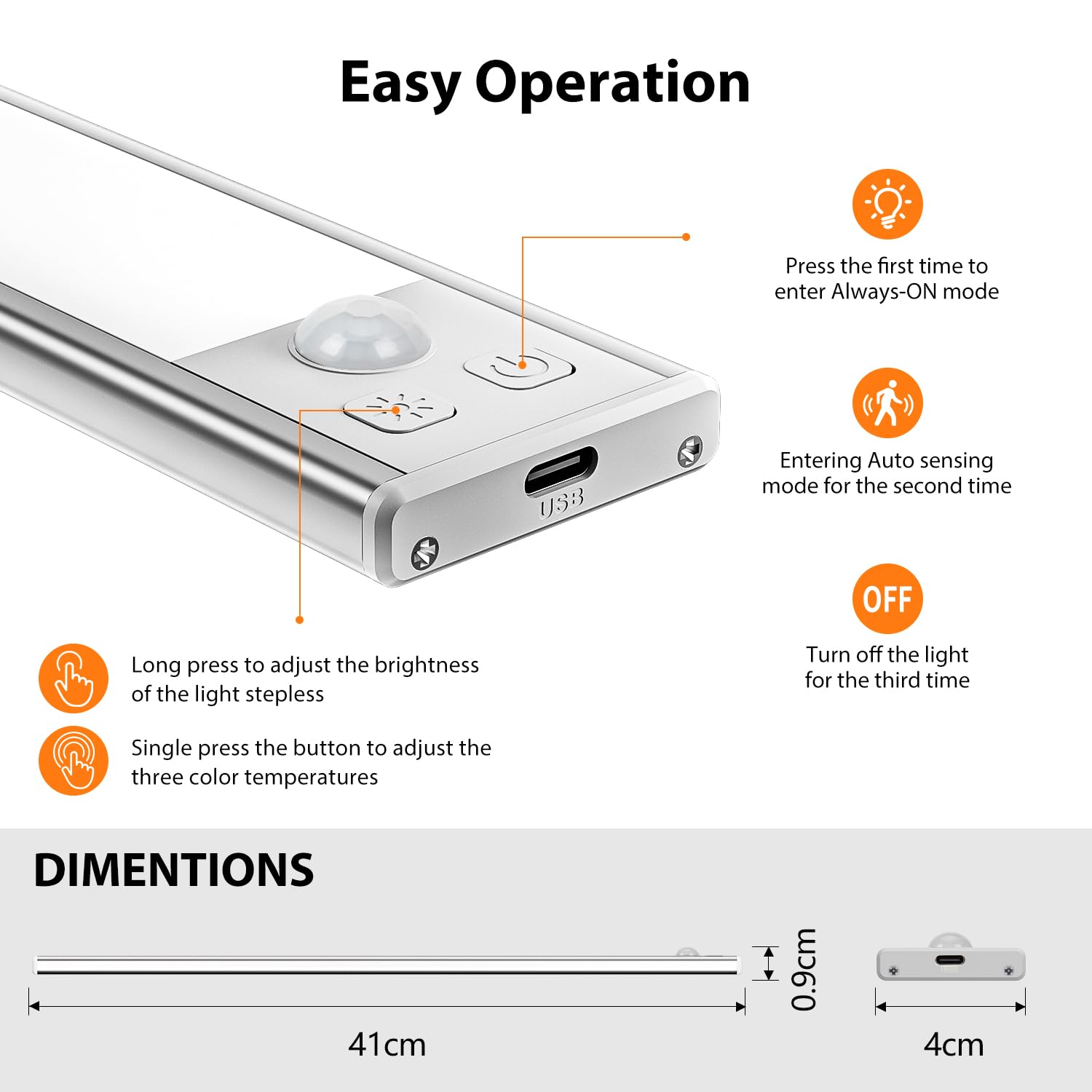 Luz de Armario Sensor Movimiento con 3 Colores Temperatura, 41CM Recargable Lampara LED Adhesiva, Regulable Luz Nocturna para Cocina,Gabinete,Escalera,Sótano,Garaje-1PCS