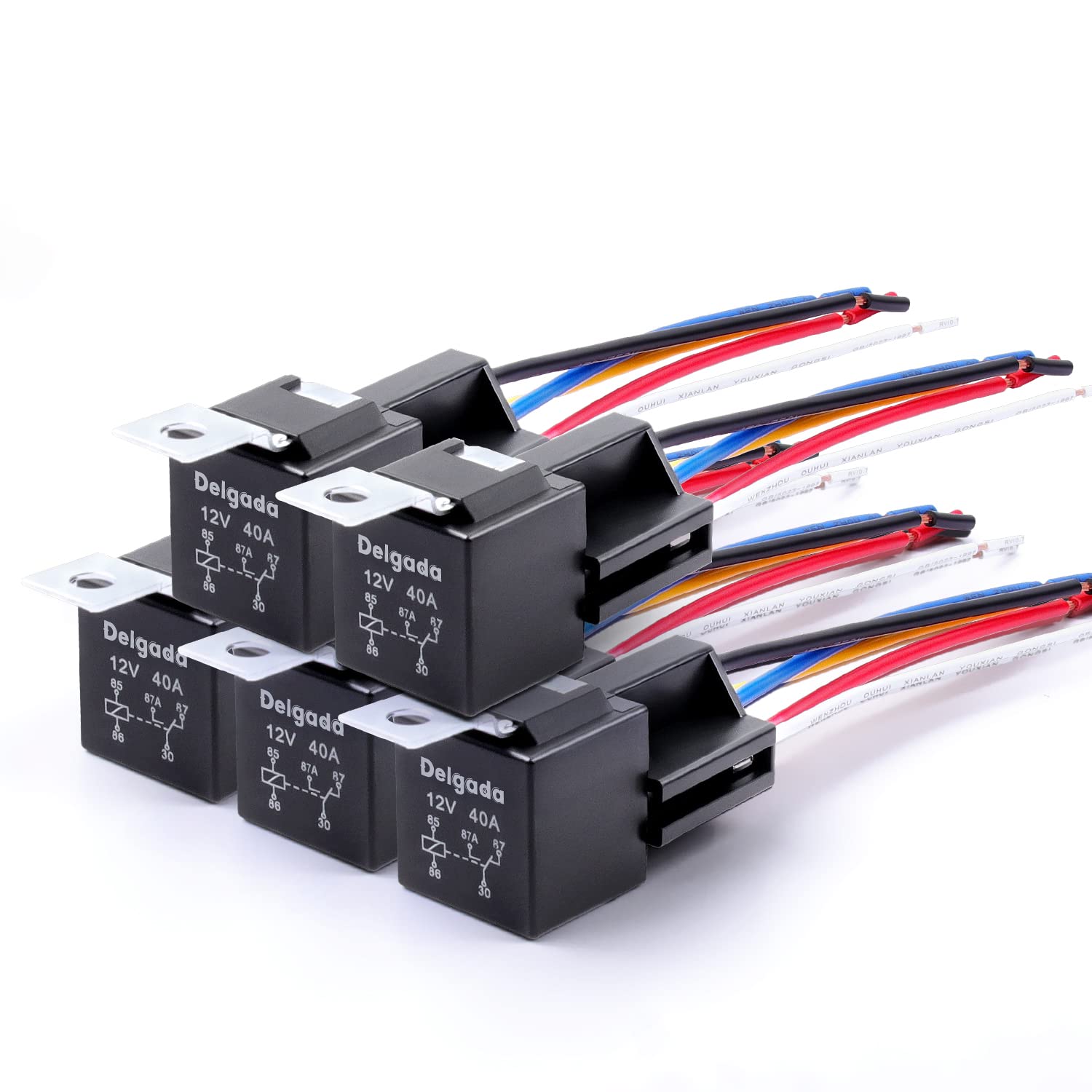 Delgada 5 Pack 12V Relay 5 Pin 40AMP Heavy Duty Automotive Relays 12 AWG Harness Set with Socket SPDT 12 Volt Relay Switch for Boat Truck Marine